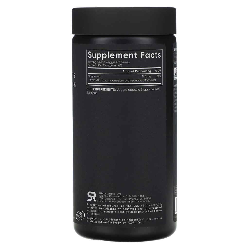 Sports Research MAG LT, Magnésio, 2.000 mg, 180 Cápsulas Vegetais (666 mg por cápsula)