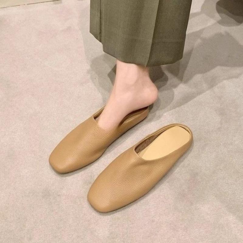 Fashion Baotou Half Slippers Women Summer Outside Wear Square Toe Mid-mouth Soft Soft Slip Non-slip Slip-on Flat Shoes