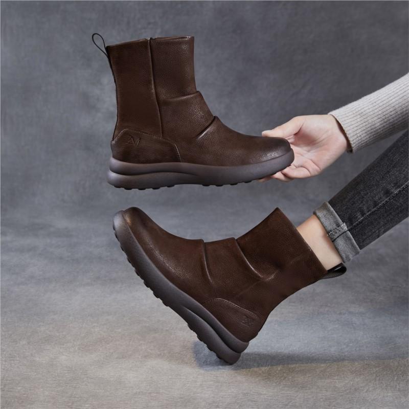Johnature Genuine Leather Thick Soled Pleated Short Boots Side Zipper Soft Soled Cowhide Women's Boots