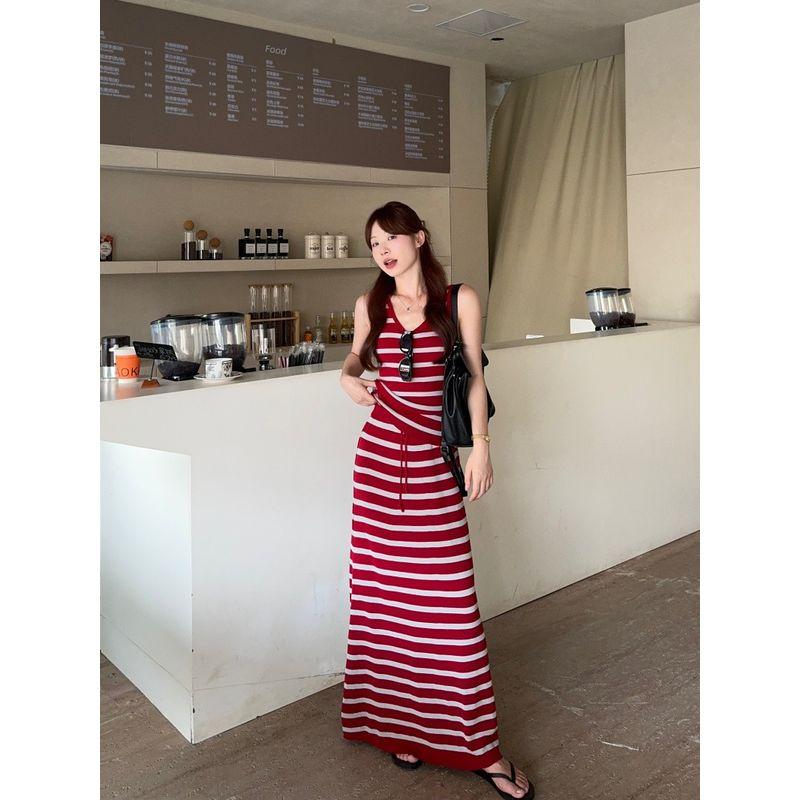 Kumikumi Holiday Style Set Stripe Cami Women Summer Slim fit Slimming Drawstring Skirt Two-piece Set