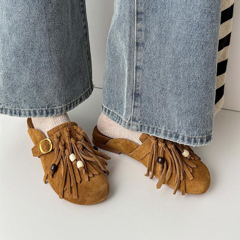 Fashion New Summer Slippers Cow Suede Slippers for Women Fashion Tassel Decoration Mules Round Toe Low Heels Cover Toe Slippers Sandals