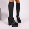 No Knee Boots Women  Super High Heel Round Toe Side Zip Platform Back Block Heel Leather Boots