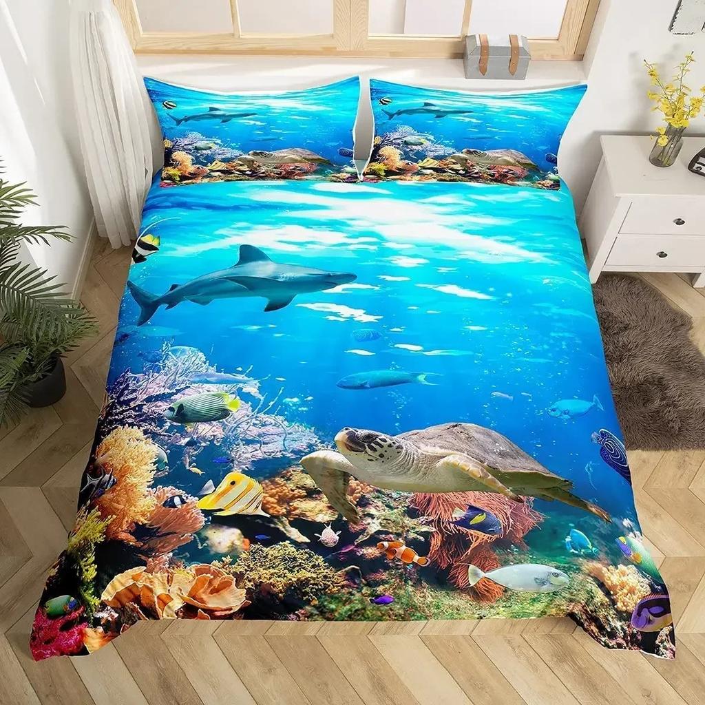 Sea Turtle Shark Comfortable Duvet Quilt Cover Pillowcase Bedding Set Children Bedroom Decoration Home Textile
