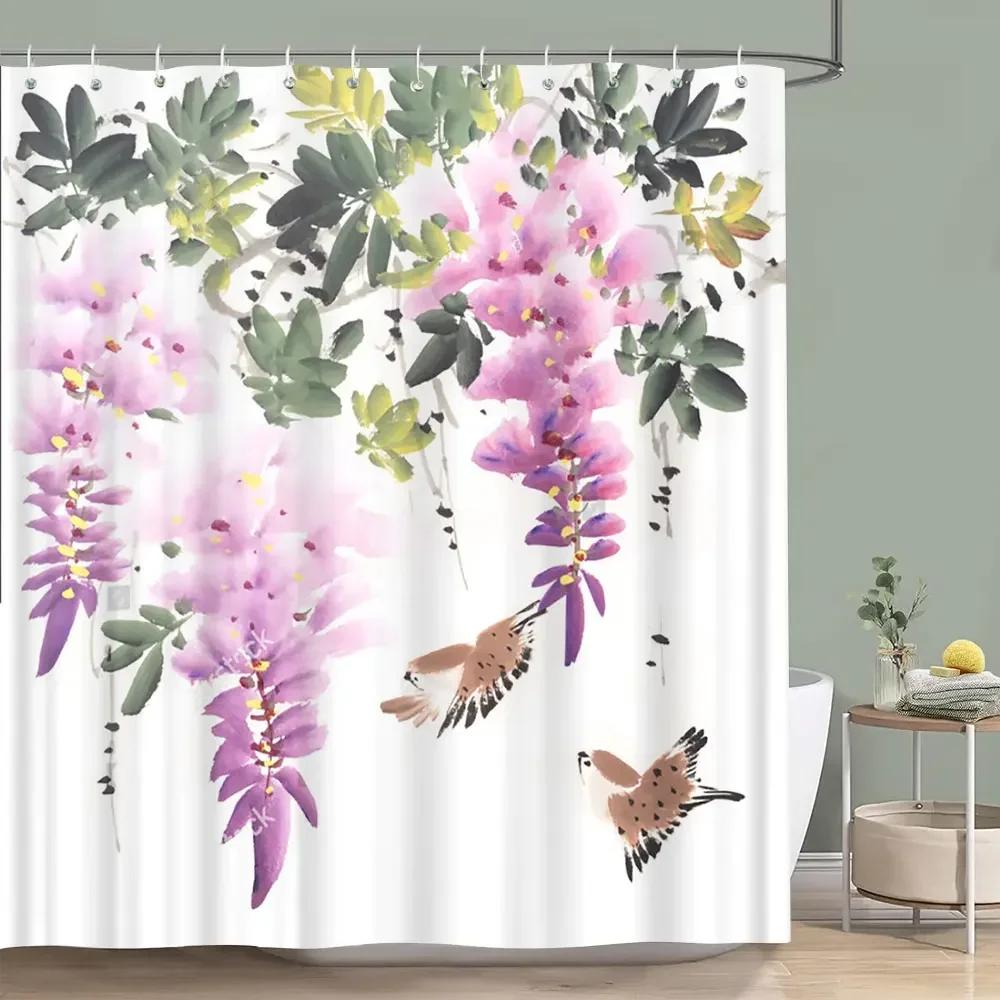 Hummingbird Floral Shower Curtain Birds Watercolour on Flower Branches Printed Polyester Bath Curtains Bathroom Decor with Hooks