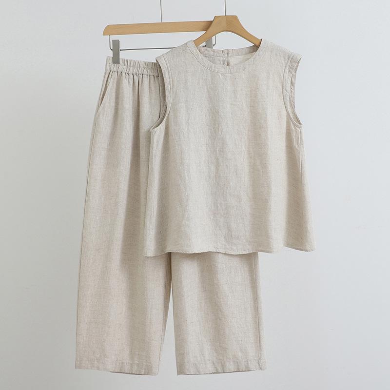 

2025 Summer Women s Sleeveless Cotton Linen Set: Loose T-Shirt & Cocoon Wide-Leg Pants XL