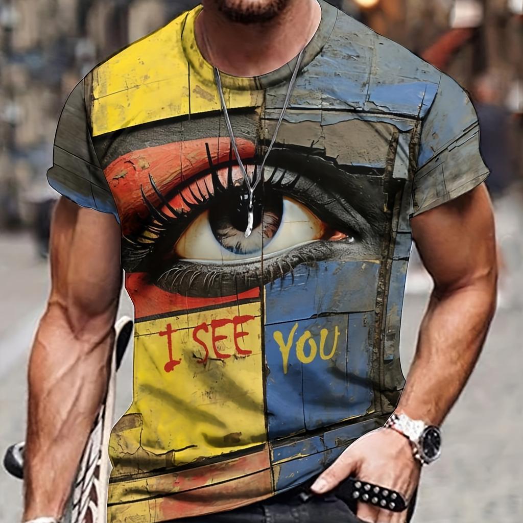 Men's Eye & Color Block Graphic T-shirt, Active Slightly Stretch Breathable 3D Print Tee For Outdoor
