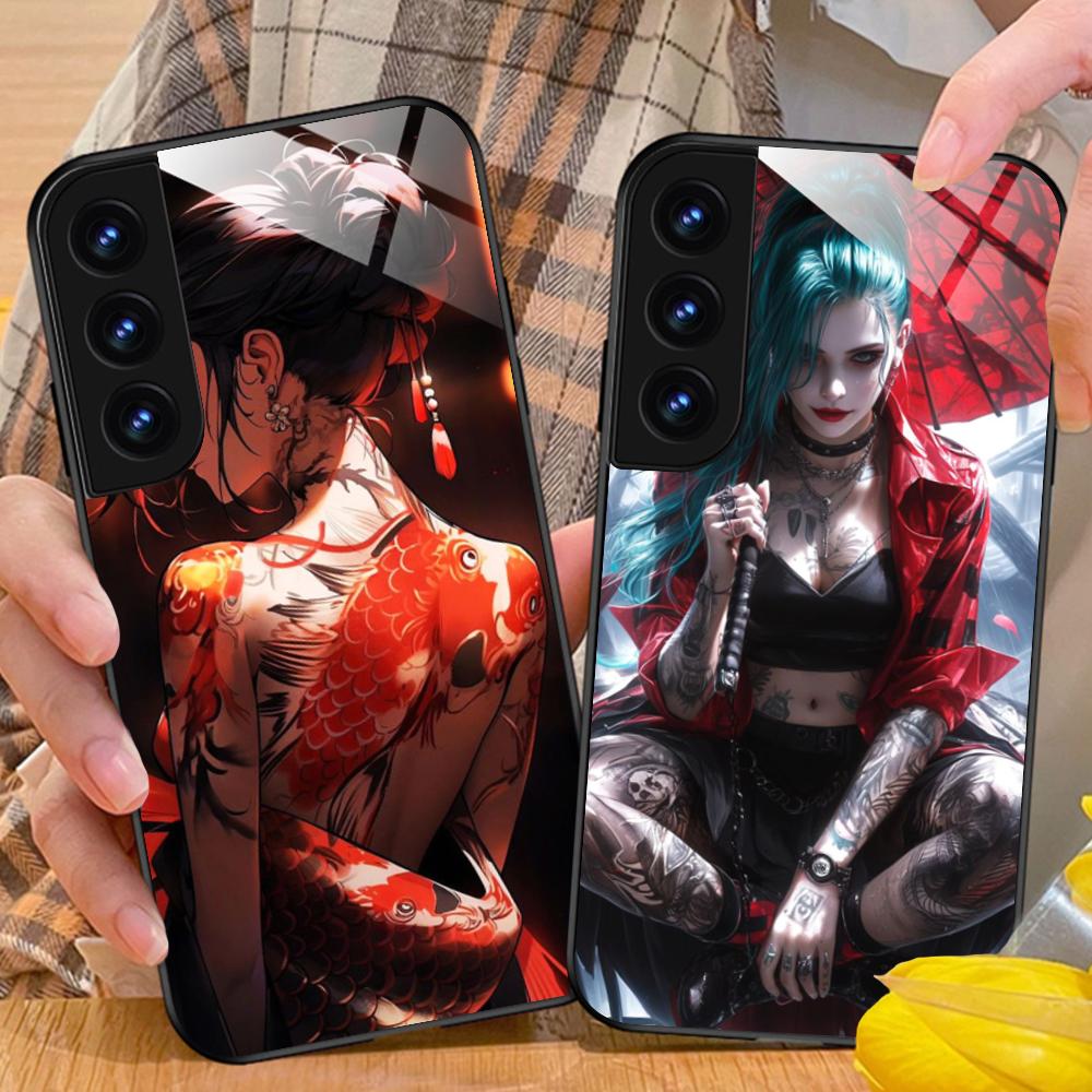 Fashion Tattoo Girl Mobile Phone Case for Samsung Galaxy S26 S25 S24 S23 S22 S21 S20 Note20 Plus FE Ultra Glass Colorful Cover