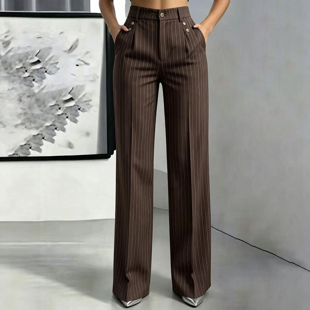 Women's Striped Loose Fit Straight Leg Dress Pants with Pockets and Button Closure for Casual and Wear