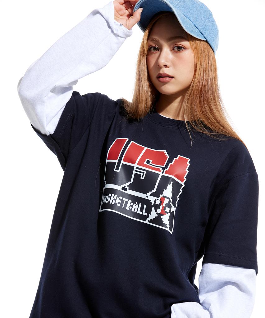 STUFF X Ju Jae-Beom Pixel Dt Logo Layered Long Sleeve T-Shirt Navy
