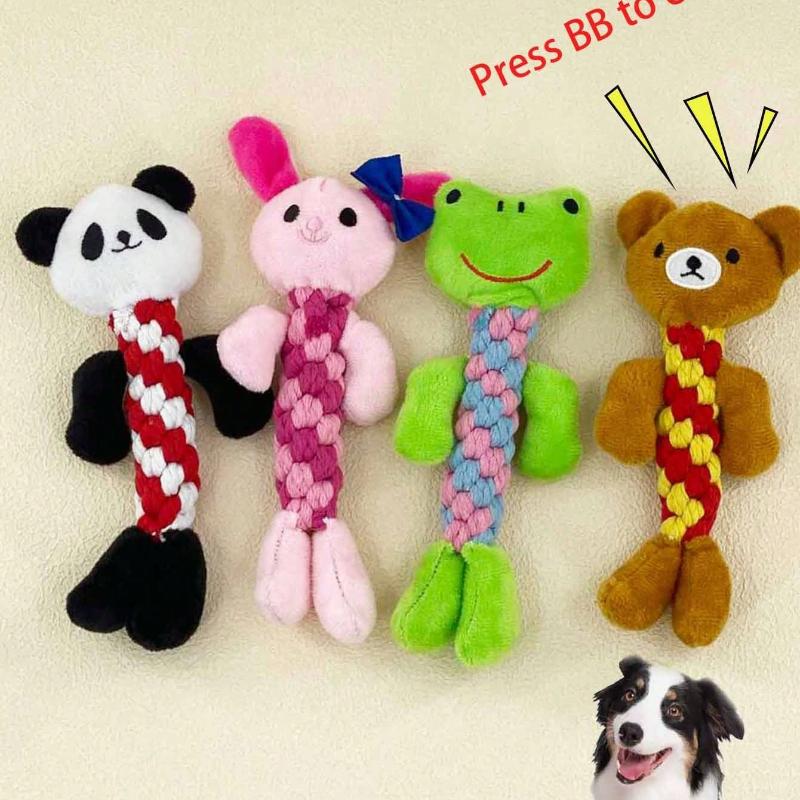 1pc Pet Plush Rope Braided Toy, Cute Animal Shaped Frog Panda Bear Rabbit Design, Chew Toy For Dog Training And Interaction