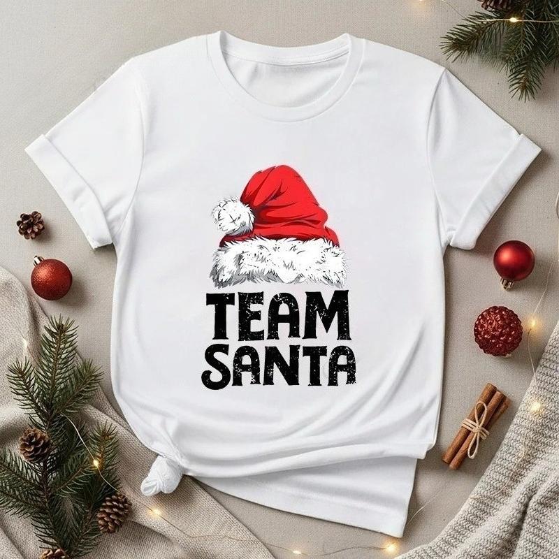 Fashionable Christmas hat printed pattern holiday Tshirt round neck short sleeved fashionable versatile Womens Tshirt