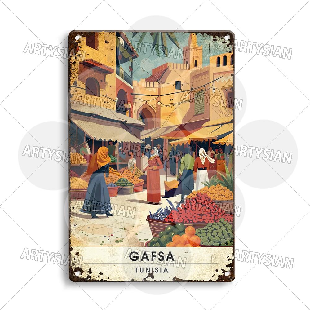 Maghreb Travel Cityscape Metal Sign Alger Algeria Djerba Tunisia Chefchaouen Morocco Marrakesh Zarzis Oran Tiaret Kabylie