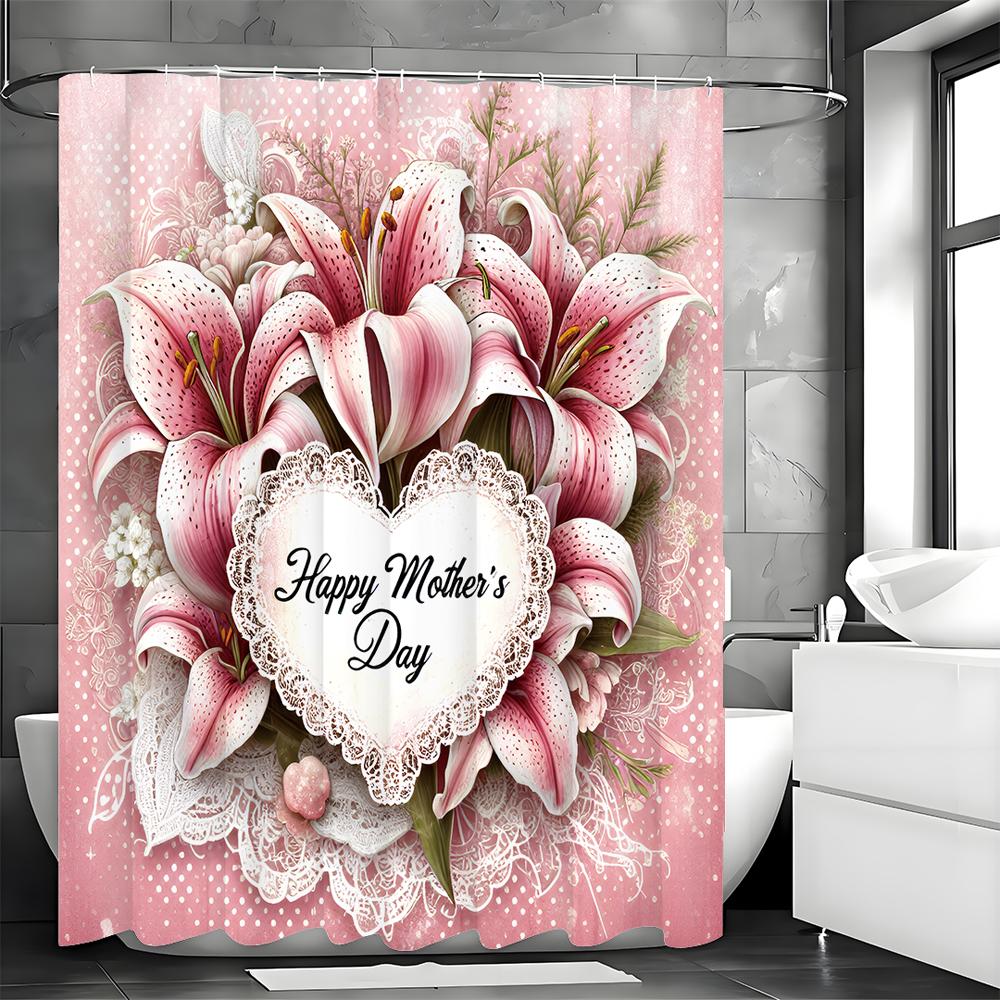 Happy Mother's Day Pink Heart Lily Shower Curtain, Bathroom Decorative Shower Curtain, Waterproof Shower Curtain with Hooks