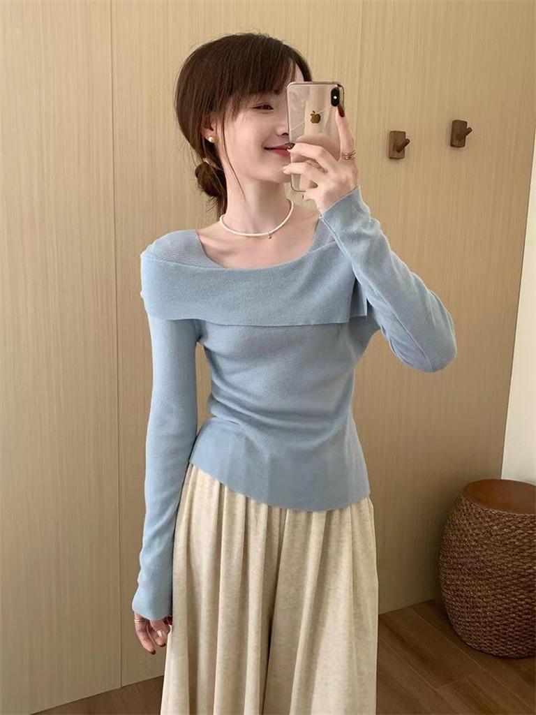 Sweet Temperament Off-Shoulder Knit Top - Women's 2025 Autumn/Winter Korean Style Slimming Base Shirt
