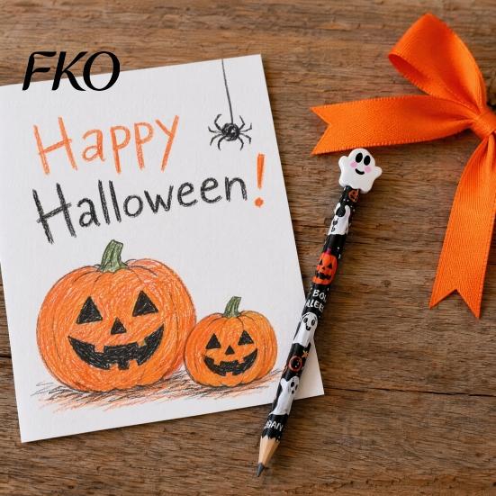 Ghost Pencils 12 Pcs Halloween with 3D Skull Pumpkin Cat Erasers, Holiday Writing Wood Bulk for Goodie Bags, School Classroom Rewards Supplies