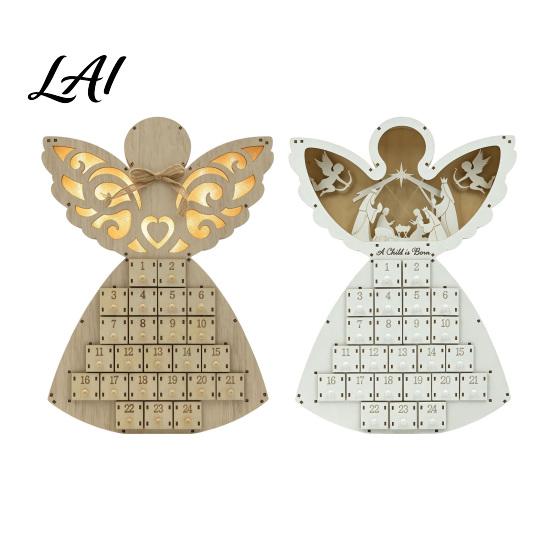 Advent Calendar for Candy Wooden Angel Christmas with 24 Storage Drawers Countdown Holiday to Tabletop Decoration Winter Party Favors LED Lighted