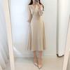 Elegant V-Neck Longline Dress With Cinched Waist Fit Loose Straight Cut 2025 Casual Wear In Black Beige Blue
