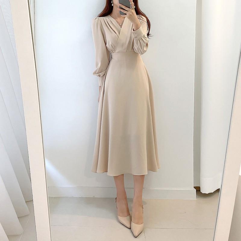 Elegant V-Neck Longline Dress With Cinched Waist Fit Loose Straight Cut 2025 Casual Wear In Black Beige Blue