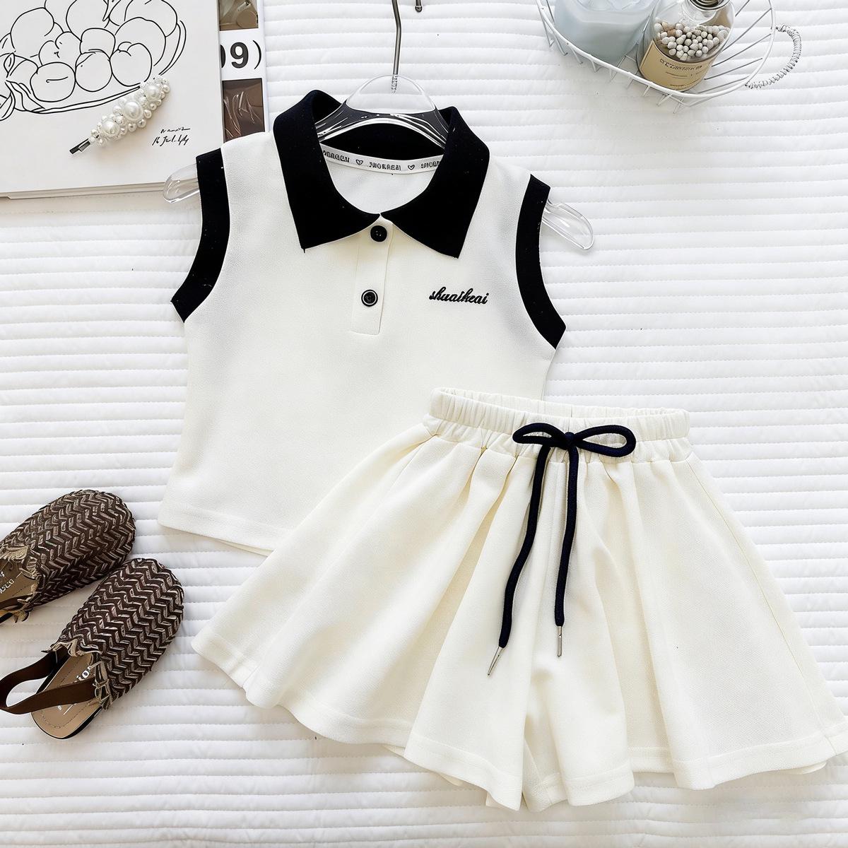 Girls Summer Embroidered Sleeveless Polo with Academy Style Pleated Shorts Set 90 cm