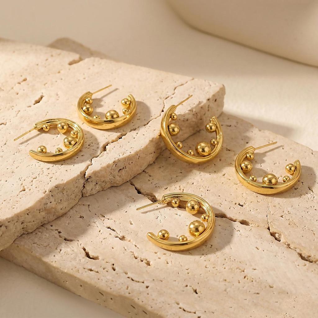 C-Shaped Gold Bead Earrings: European and American Design, Stainless Steel, Thick Gold Plating.