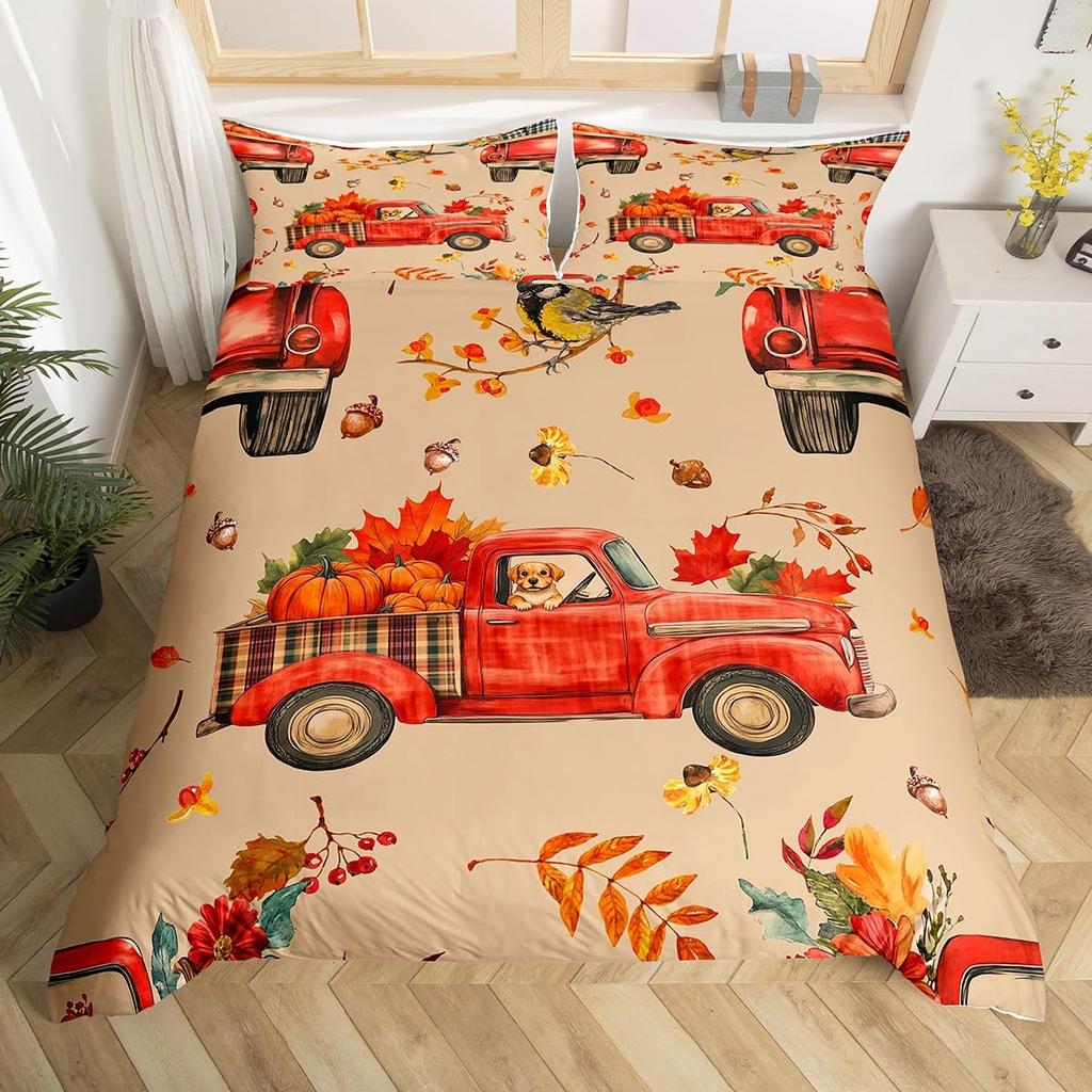 Cartoon Dwarf Dwarf Duvet Cover Queen for Kids Girls,Fall Leaves Pumpkin Bedding Set Autumn Gnome Turkey Maple Leaf Quilt Cover
