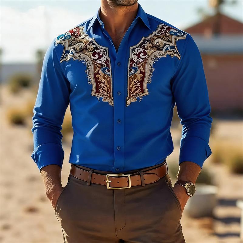 Men's Retro Fashion Printed Long-Sleeve Shirt, Western Cowboy Style, Slim Fit Casual Shirt, Comfortable Fabric, Sizes XS-6XL
