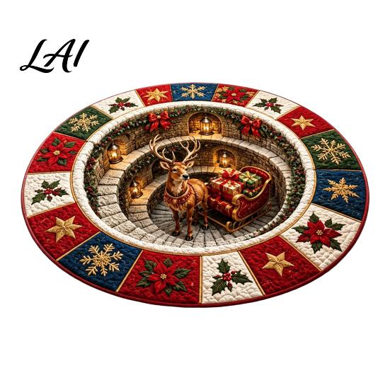 Christmas Floor Mat Round 3D Rug Optical Illusion Area Santa Claus Gnome Quilted-Like Patterned Rug Anti-slip Washable for Living Room Bedroom