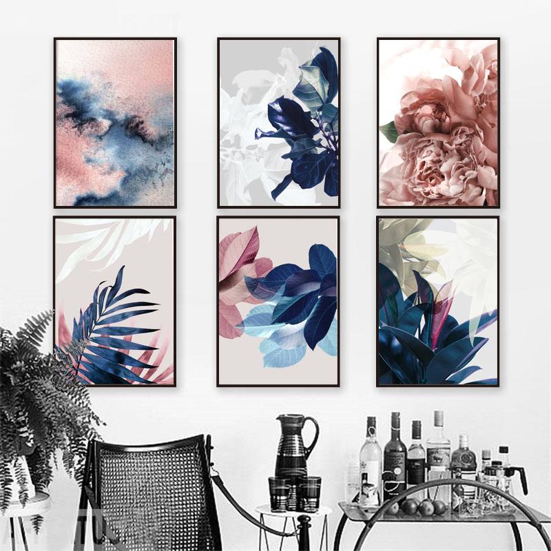 

Print Wall Picture for Living Room Decor and Wall Art Canvas Painting Pink Flowers Blue Tropical Leaves Abstract Nordic Poster