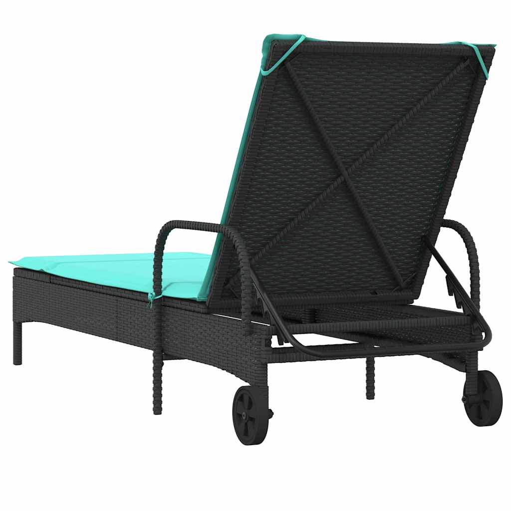 Sun Lounger with Wheels and Cushions Black Poly Rattan