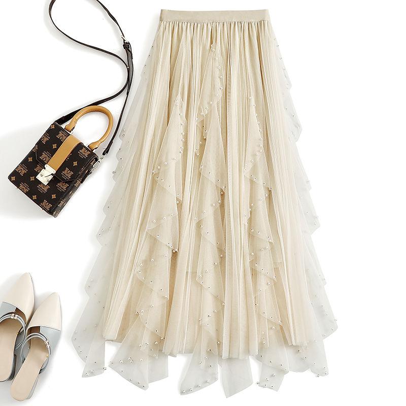 Spódnica midi z siateczki z gazy i koralików wiosenno-letniej sukience w kształcie litery A, o nieregularnym kroju, z wysokim stanem