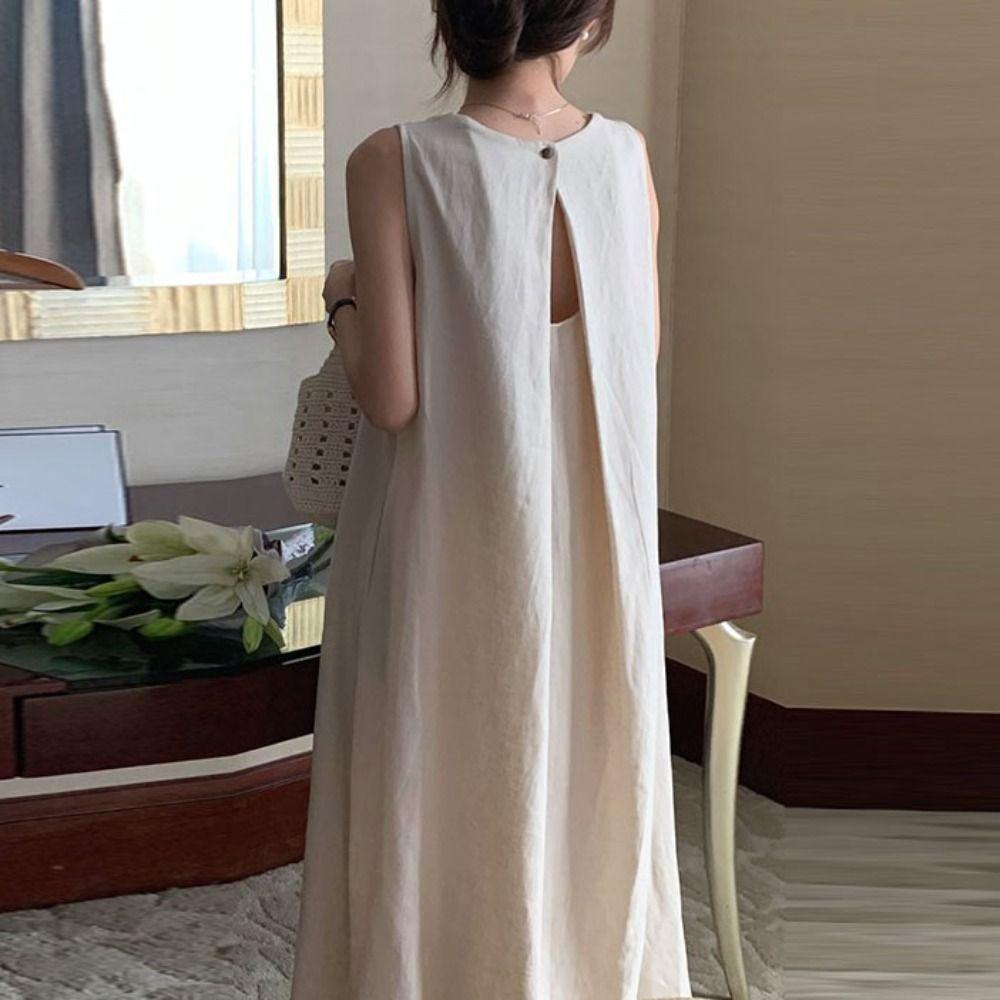 Round Neck Vocation Vest Dresses Hollowed Out Open Back Long Dress Summer Sleeveless Dress  Teens