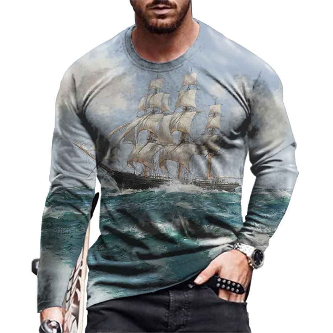 

Винтажная мужская футболка с длинным рукавом с 3D-графическим принтом парусного корабля, повседневная футболка большого размера, мужская уличная одежда, топы XL