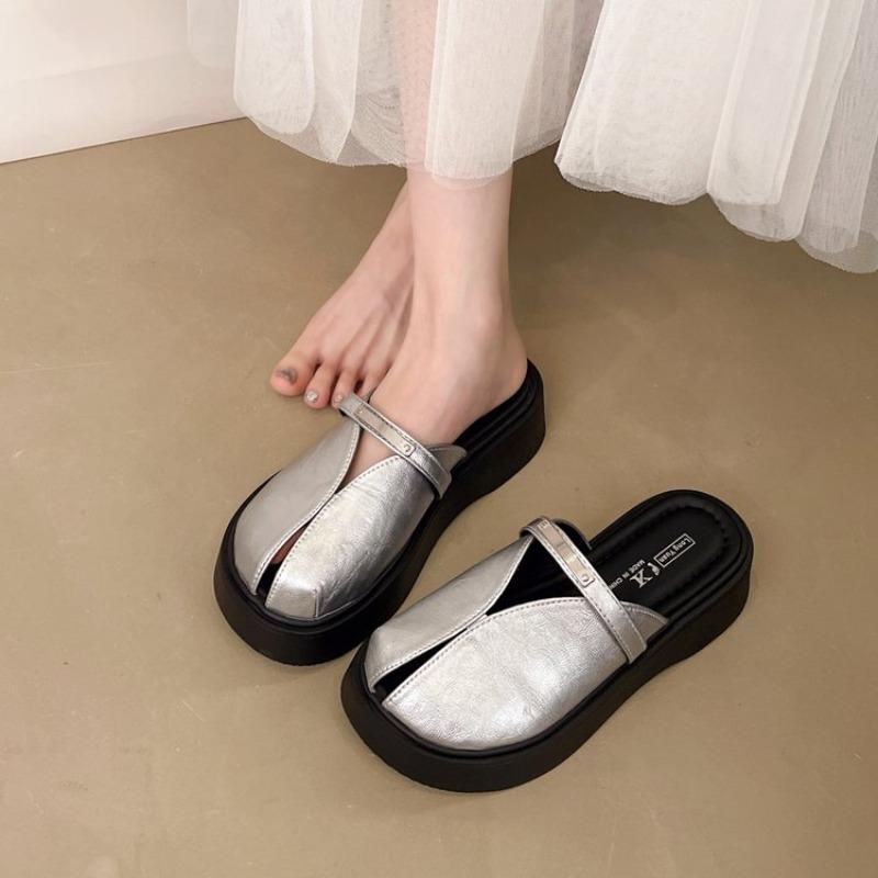 

Fashion Trifle Platform Heightened Baotou Mary Jane Semi-slippers Women s 2025 Summer New Casual Fashion Outward Wear Flip-flops 35 серебряный