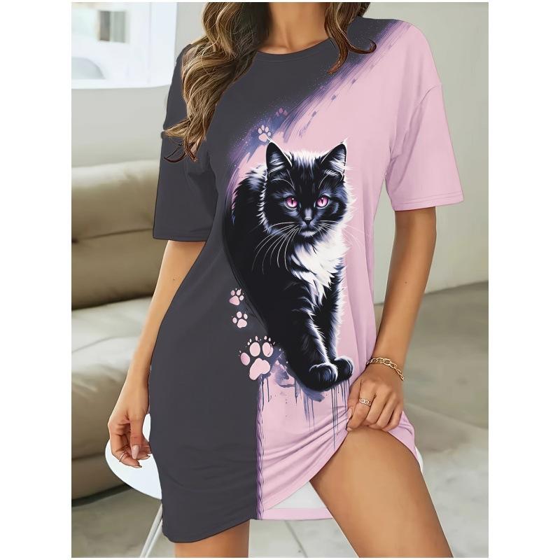 2026 Women s Cat Printed Short Sleeved Plus Size T-shirt For Both Outdoor And Home Wear L