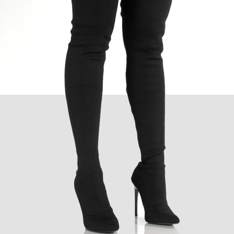 2026 Stivali Al Ginocchio Elasticizzati in Maglia da Donna Taglia Grande Stile Retro Autunno Inverno Tacco Sottile Tacco Alto Stile Coreano Sopra il Ginocchio Lunghi