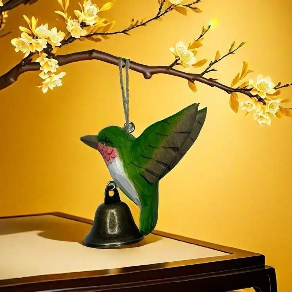 Hand-Carved Hummingbird Figurine Wooden Wood Grain Flying Bird Sculpture with Bell with Soothing Sound Mini Sculpture