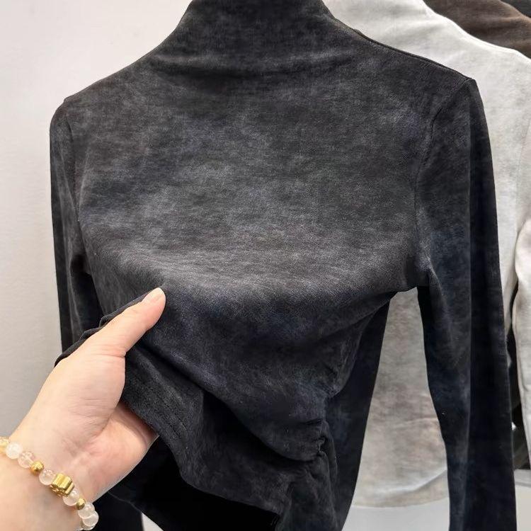 Women Tie-dye Turtleneck Thermal Underwear Top Fleece Lined Long Sleeve Slim Fit Casual Warm Knit Shirt For Autumn Winter