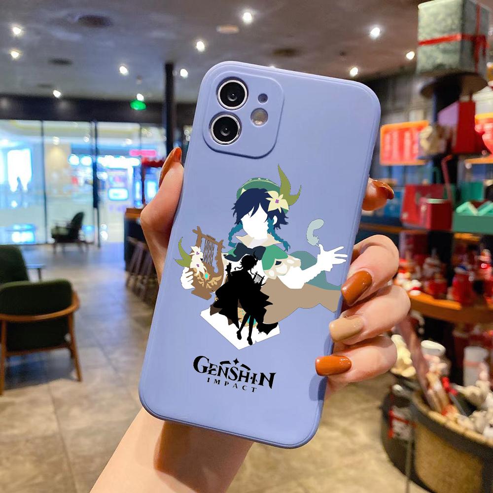 Luxusní čtvercový tekutý silikonový obal na telefon Genshin Impact Anime pro iPhone 14 11 12 13 Pro Max Mini X XS XR 7 8 Plus SE2 DIY kryt