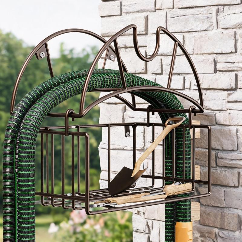 Hose Holder Wall Mount with Basket, Metal Hose Storage Rack for Fence Garden or Garage Wall, Simple Wall Storage Solution for Home Watering