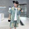 Boys' Summer Denim Short Sleeve and Shorts Set - 2025 Trendy Two-Piece for Middle and Big Kids