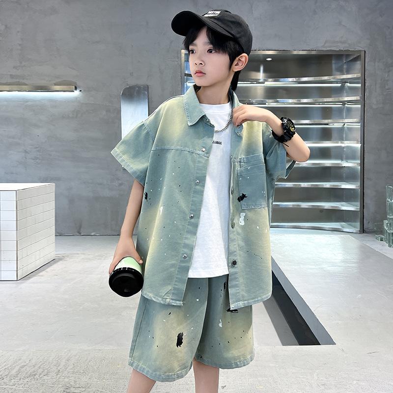 Boys' Summer Denim Short Sleeve and Shorts Set - 2025 Trendy Two-Piece for Middle and Big Kids