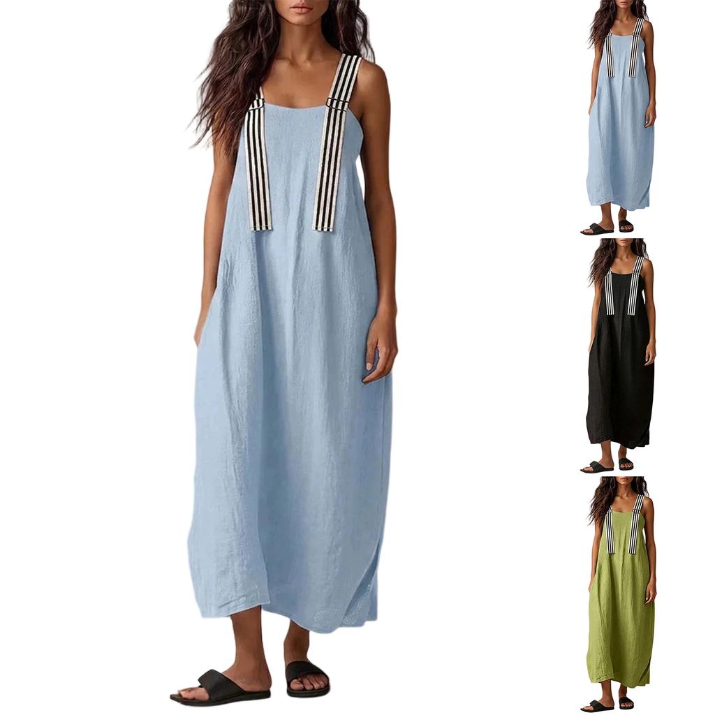 Women Sleeveless Loose Fit Casual Long Dress with Adjustable Striped Straps Lightweight Summer Maxi Dress for Daily Wear
