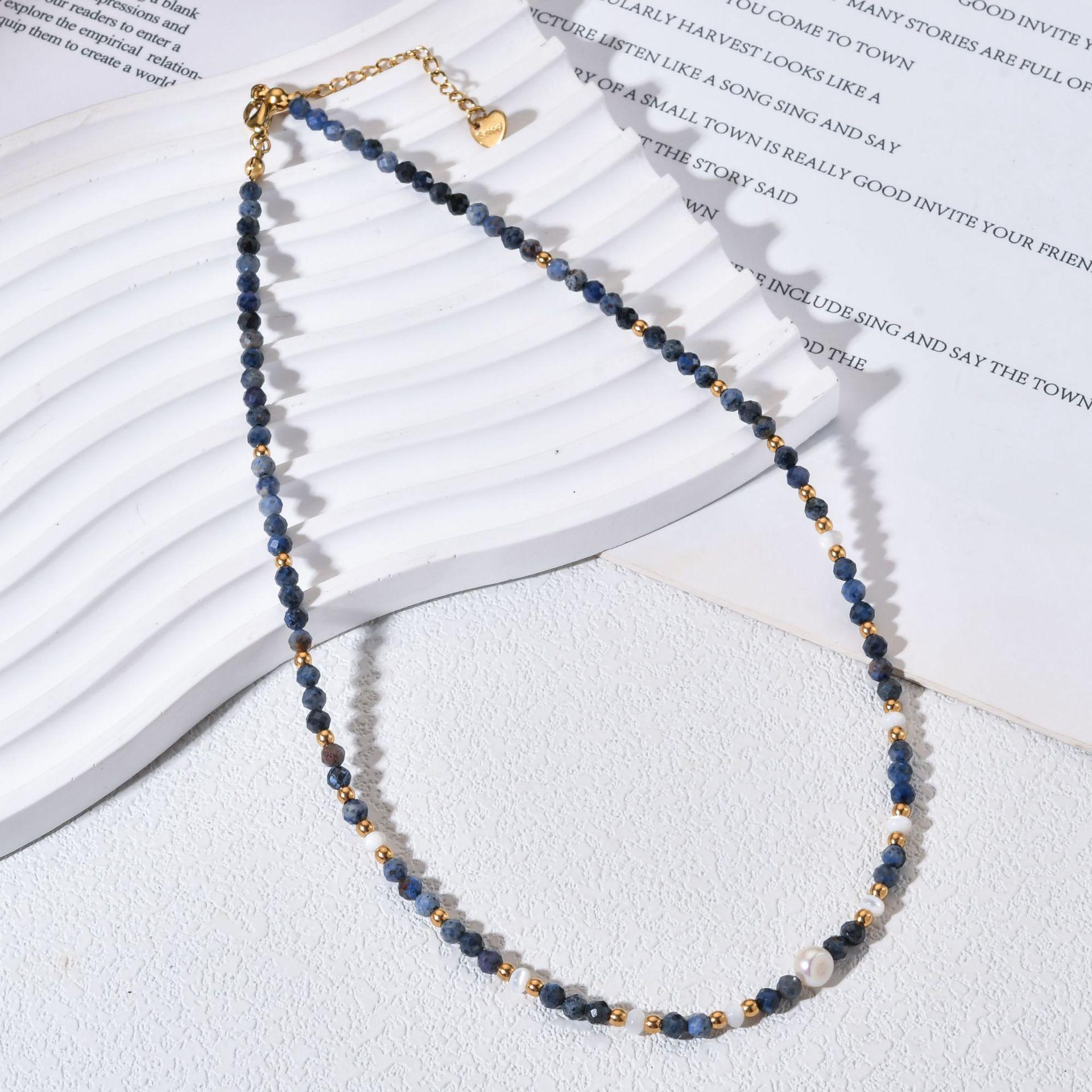 Ink Blue Freshwater Pearl Necklace with Stainless Steel Beads for Women