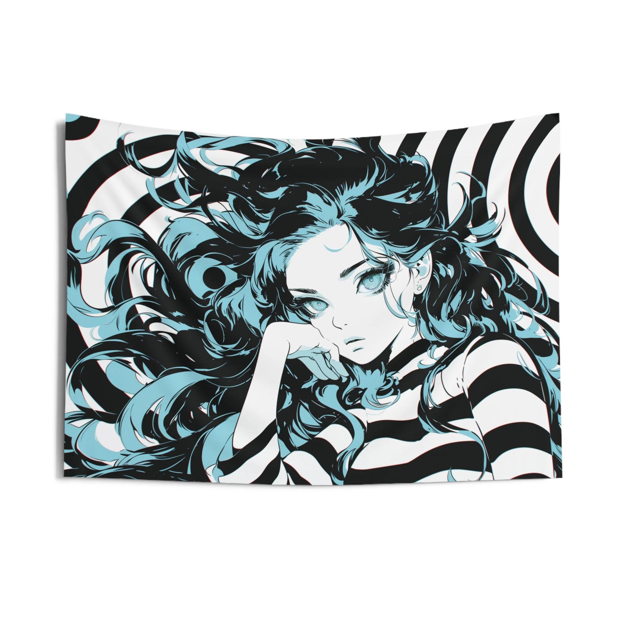 

Anime Girl Tapestry Teal Black White Gift for Teen Manga Wall Art Teen Bedroom Game Room Decor for Him Large Small 74x94cm(29x37in)