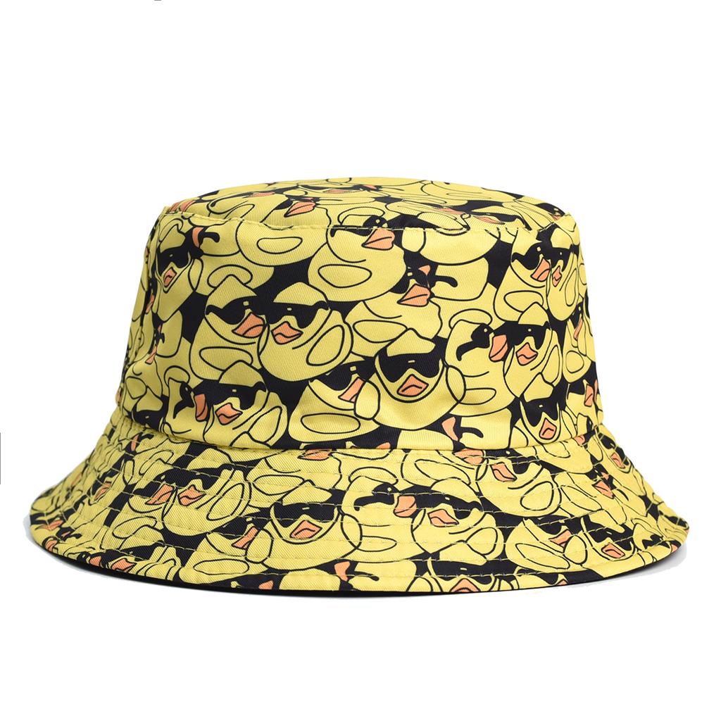 Cartoon-Ente Eimerhut Niedlicher Druck Fischerhüte Für Männer Frauen Doppelseitig Panama-Kappe 58cm Sommer Outdoor Sonnenhüte