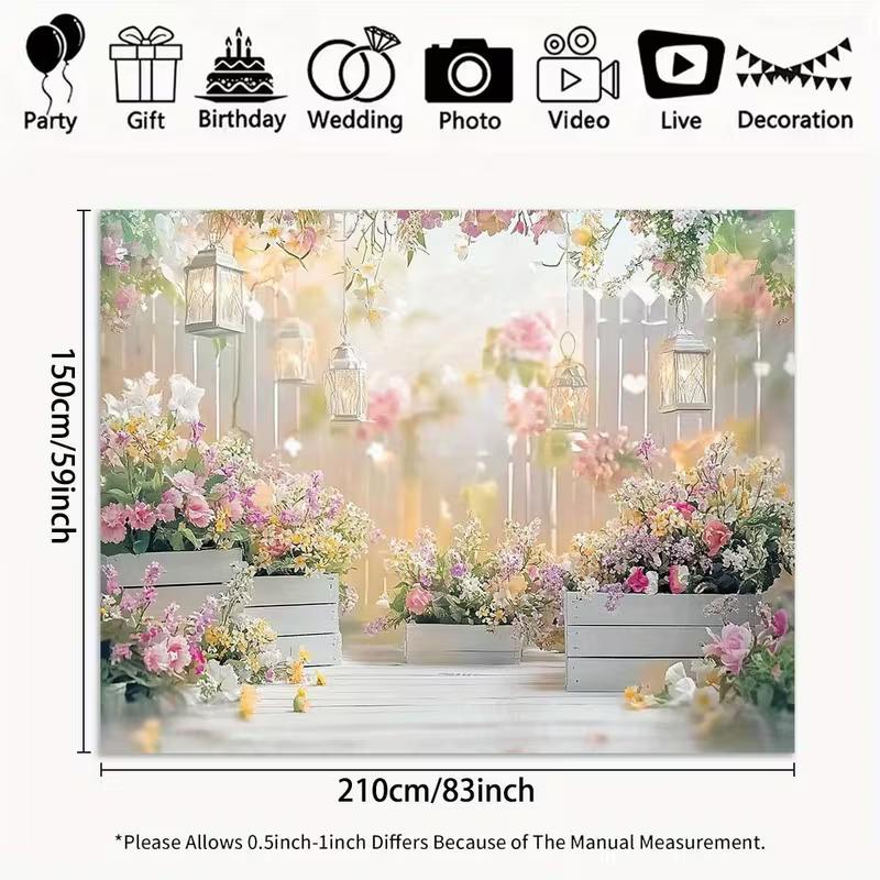 2D Pastel Garden Backdrop with Wooden Crates and Lanterns Background Cloth