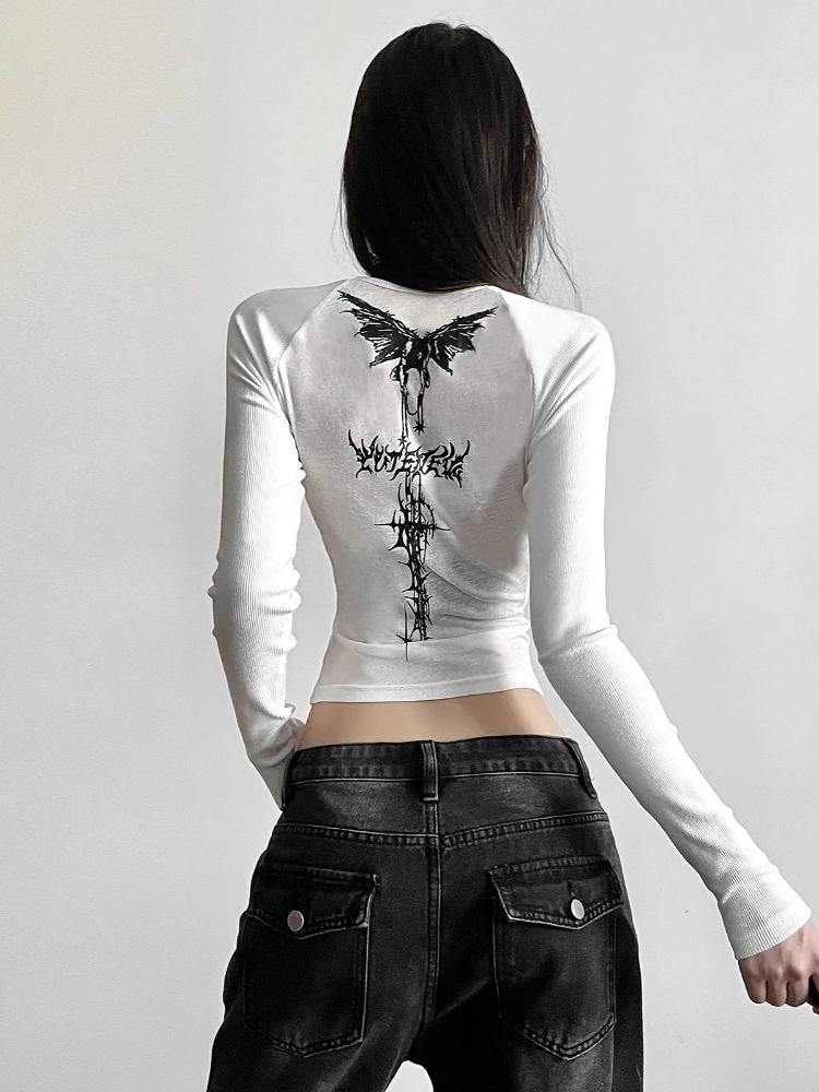 Gotik Grunge Baskı Y2K T Shirt Vintage Kadın O-boyun Uzun Kollu Rahat Kırpma Üstleri Kadın Kore Moda Tasarımı Zarif Tees Yeni