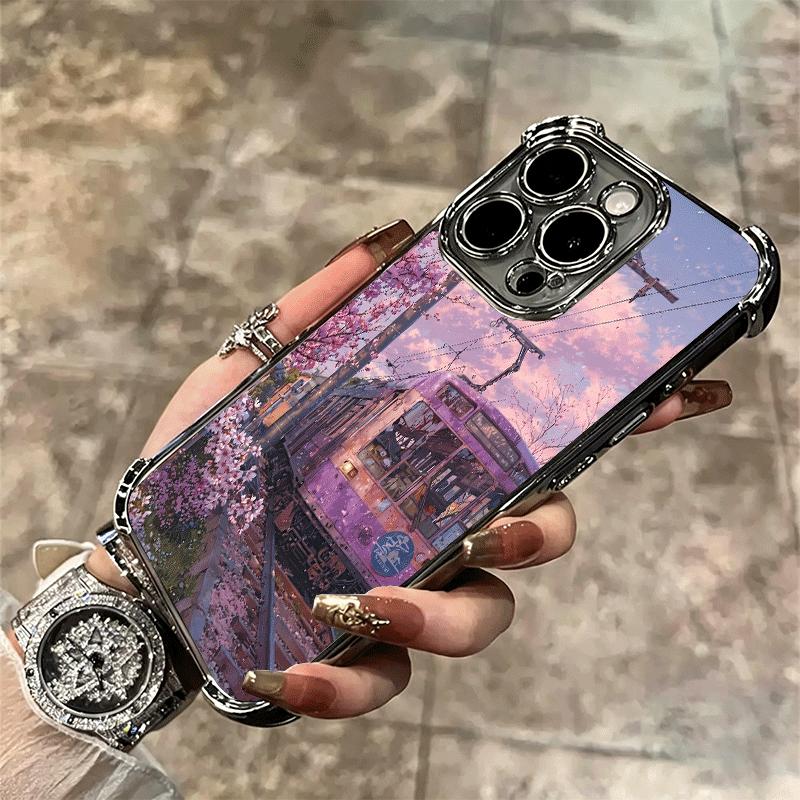 Retro Japanese Sakura Train Soft Phone Case For iPhone 15 16 17 Air 14 Pro Max 16E Plus 13 12 Mini Plating Anti-Fall Fundas