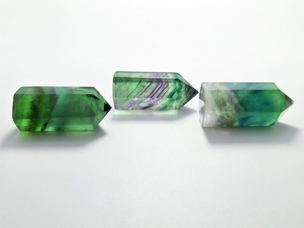 A Set of Three Green Fluorite Crystal Perfect for Good Chakra and Energy Recommended by Small-sized Wands, Luck, Meditation, Strengthening, Healing.