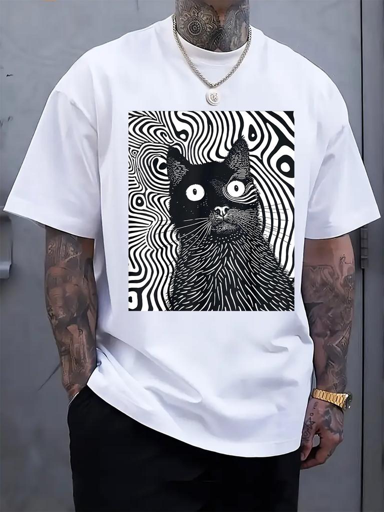Psychedelic Black Cat Print T-shirt - Casual Crew Neck Short Sleeve Tee with Vibrant Design